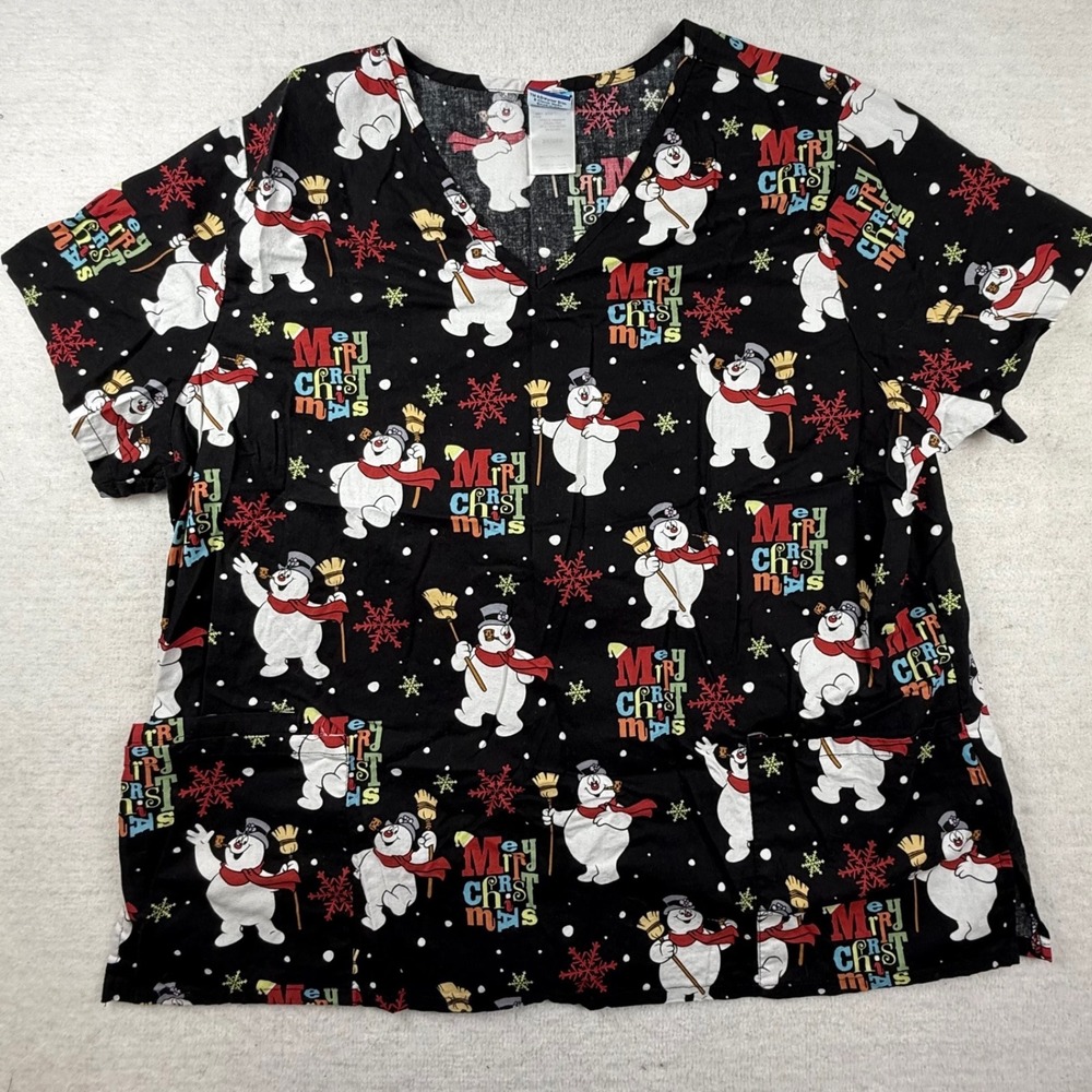 Frosty the Snowman Christmas Scrub Top Black V-Neck Holiday Medical XL FR43A630